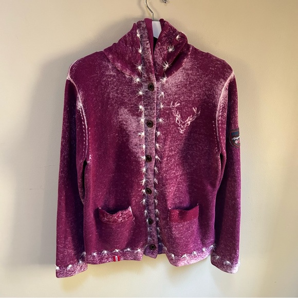 Almgwand ~Vintage Austrian Reindeer Button Front Hoodie Cardigan Sweater~ XL /16 - Picture 1 of 15